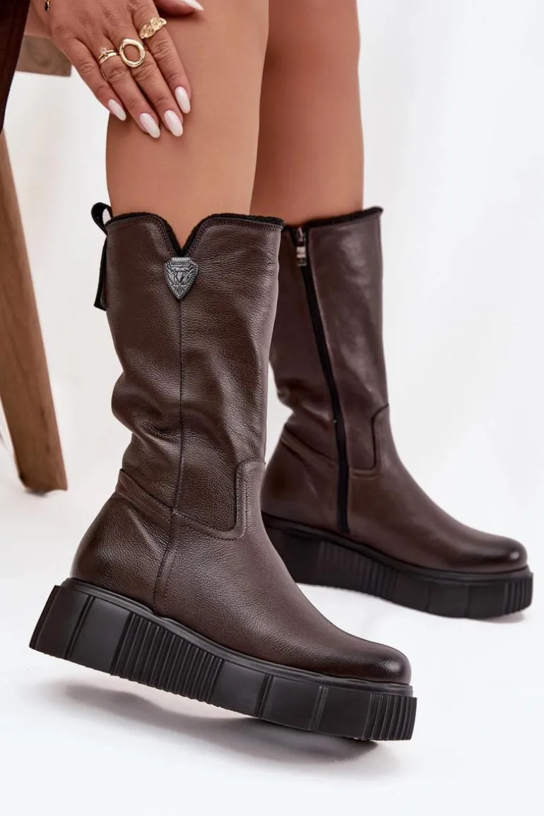 Damskie Skórzane Kozaki Z Wełną Zazoo 70121 Czekoladowe