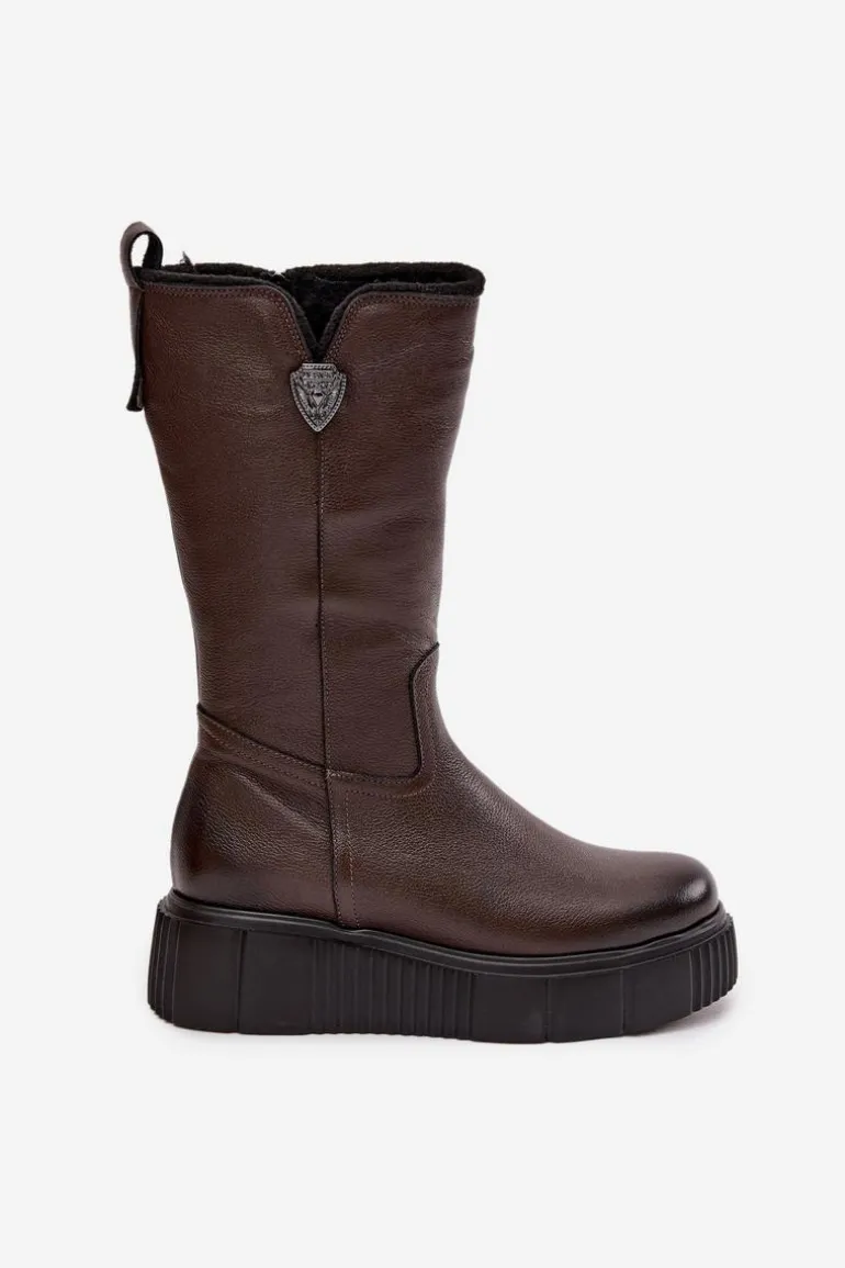 Damskie Skórzane Kozaki Z Wełną Zazoo 70121 Czekoladowe