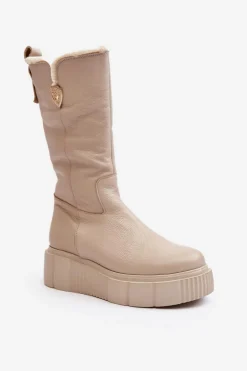 Damskie Skórzane Kozaki Z Wełną Zazoo 70121 Beżowe