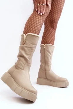 Damskie Skórzane Kozaki Z Wełną Zazoo 70121 Beżowe