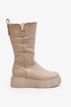 Damskie Skórzane Kozaki Z Wełną Zazoo 70121 Beżowe