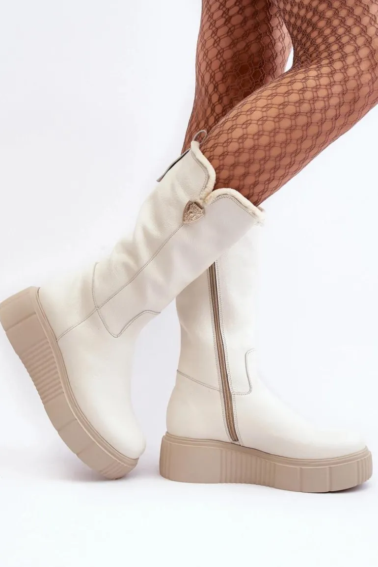 Damskie Skórzane Kozaki Z Wełną Kremowe Bayla