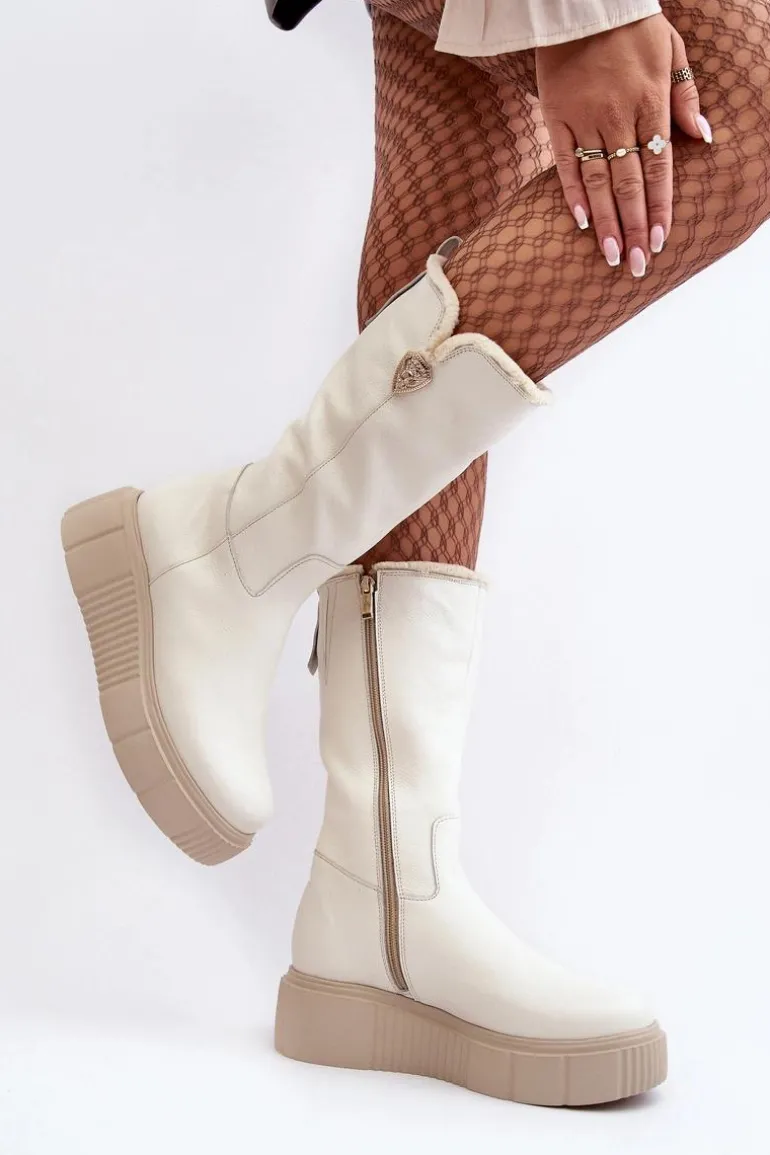 Damskie Skórzane Kozaki Z Wełną Kremowe Bayla