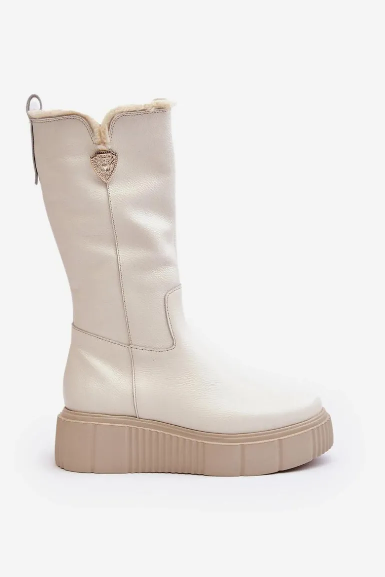 Damskie Skórzane Kozaki Z Wełną Kremowe Bayla