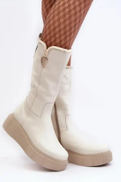 Damskie Skórzane Kozaki Z Wełną Kremowe Bayla