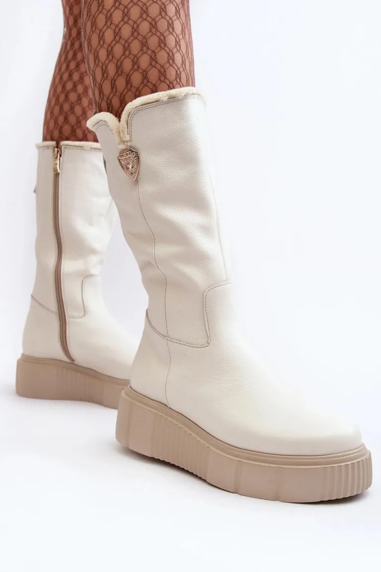 Damskie Skórzane Kozaki Z Wełną Kremowe Bayla