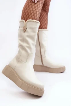 Damskie Skórzane Kozaki Z Wełną Kremowe Bayla