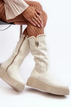Damskie Skórzane Kozaki Z Wełną Kremowe Bayla