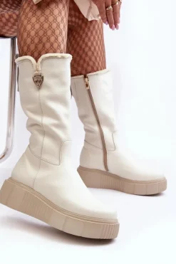 Damskie Skórzane Kozaki Z Wełną Kremowe Bayla