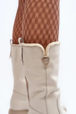 Damskie Skórzane Kozaki Z Wełną Kremowe Bayla