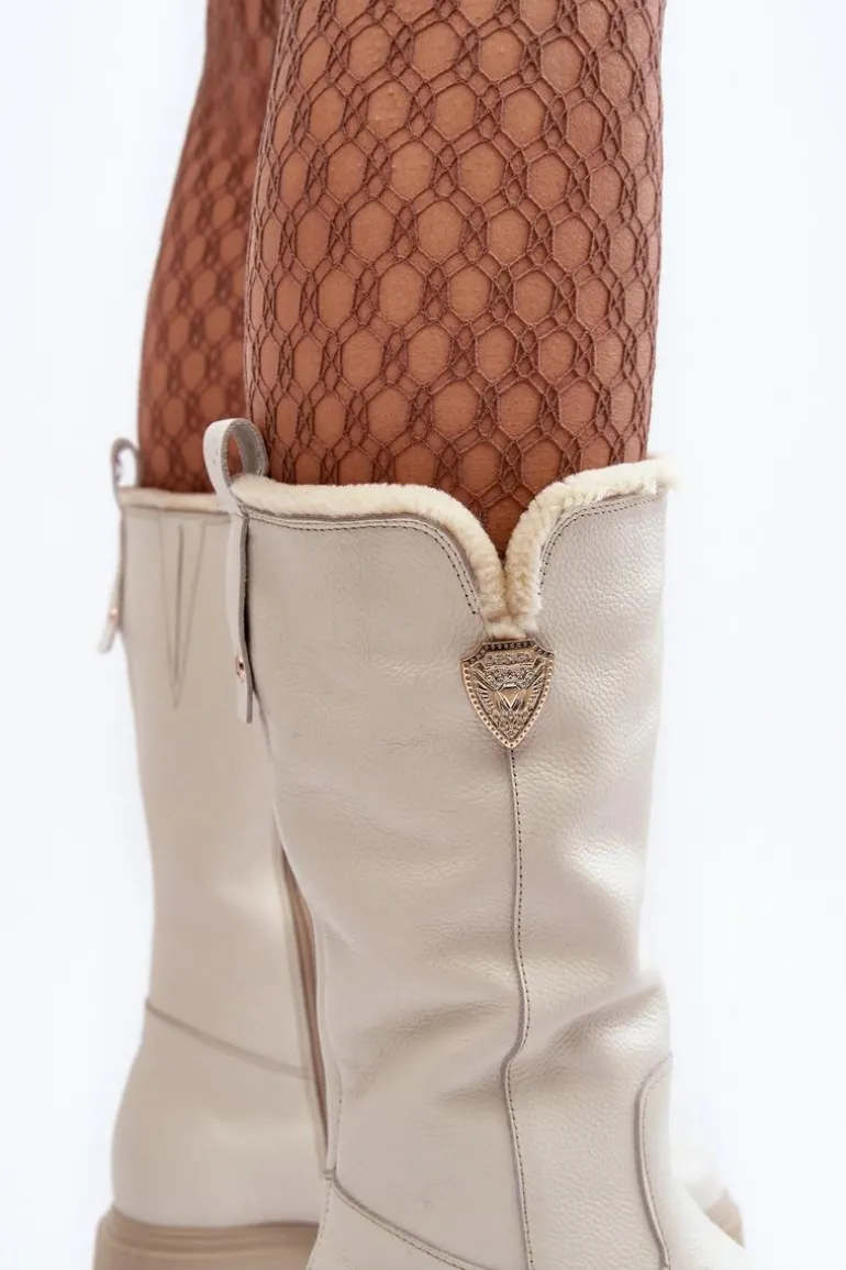 Damskie Skórzane Kozaki Z Wełną Kremowe Bayla