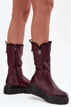 Damskie Skórzane Kozaki Z Wełną Zazoo 70121 Bordowe
