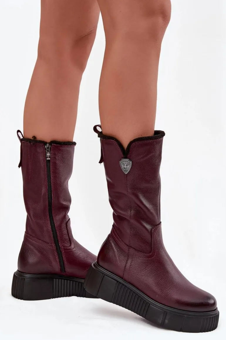 Damskie Skórzane Kozaki Z Wełną Zazoo 70121 Bordowe
