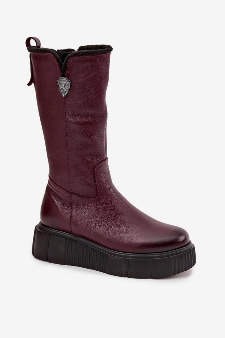 Damskie Skórzane Kozaki Z Wełną Zazoo 70121 Bordowe