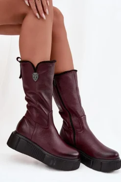 Damskie Skórzane Kozaki Z Wełną Zazoo 70121 Bordowe