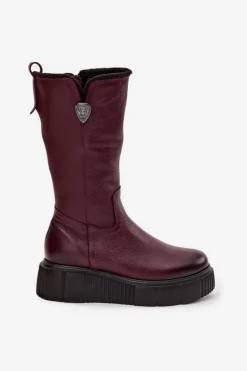 Damskie Skórzane Kozaki Z Wełną Zazoo 70121 Bordowe