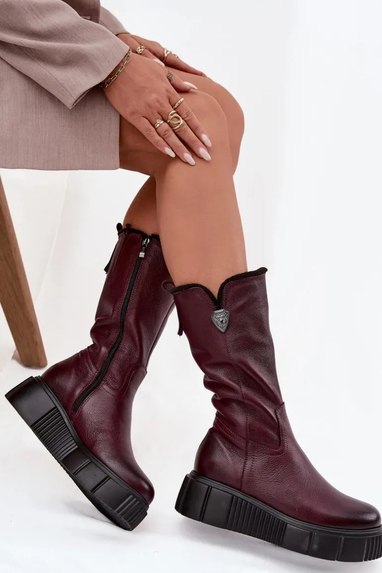 Damskie Skórzane Kozaki Z Wełną Zazoo 70121 Bordowe