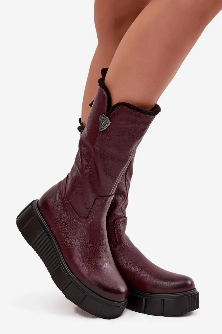 Damskie Skórzane Kozaki Z Wełną Zazoo 70121 Bordowe