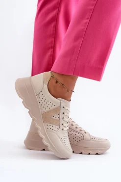 Damskie Skórzane Lekkie Buty Sportowe Beżowe Eleonori