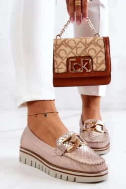 Damskie Skórzane Mokasyny Na Platformie Beżowe Venesia