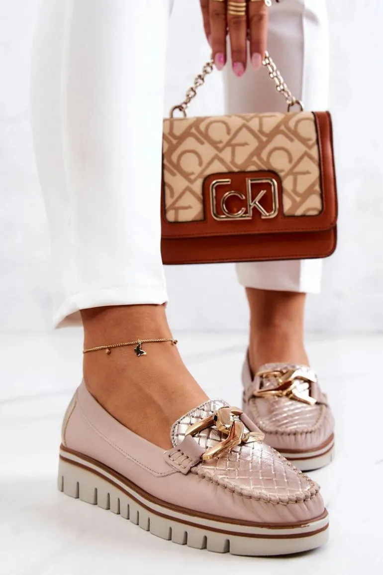 Damskie Skórzane Mokasyny Na Platformie Beżowe Venesia