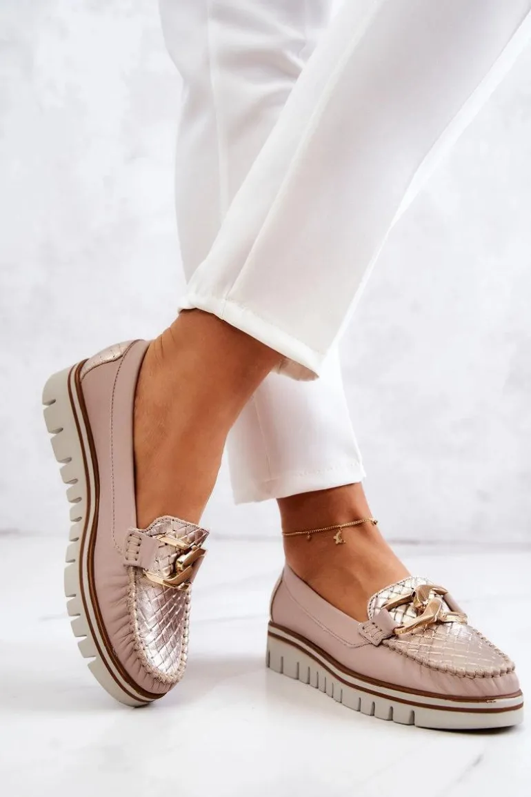 Damskie Skórzane Mokasyny Na Platformie Beżowe Venesia