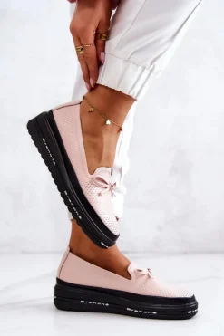 Damskie Skórzane Mokasyny Na Koturnie Różowe Cannes