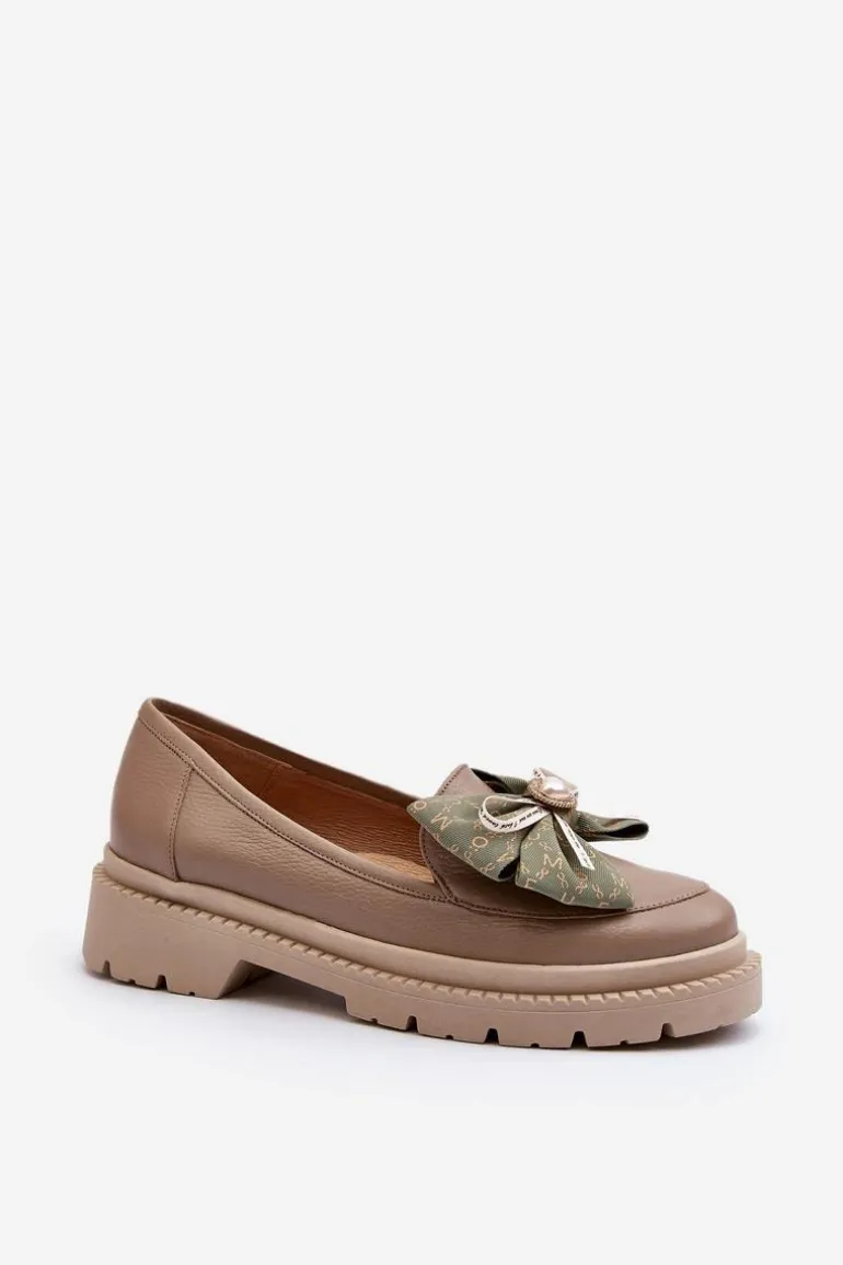 Damskie Skórzane Mokasyny Z Kokardą Laura Messi 2787 Beżowe
