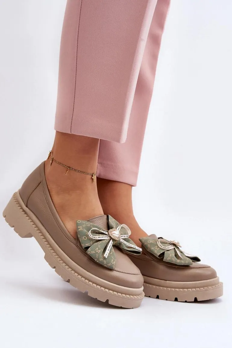 Damskie Skórzane Mokasyny Z Kokardą Laura Messi 2787 Beżowe