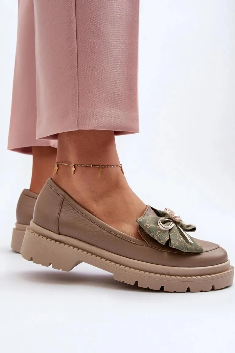 Damskie Skórzane Mokasyny Z Kokardą Laura Messi 2787 Beżowe