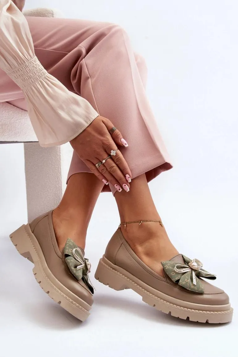 Damskie Skórzane Mokasyny Z Kokardą Laura Messi 2787 Beżowe