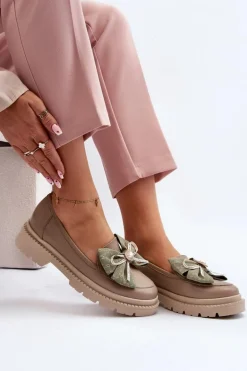 Damskie Skórzane Mokasyny Z Kokardą Laura Messi 2787 Beżowe