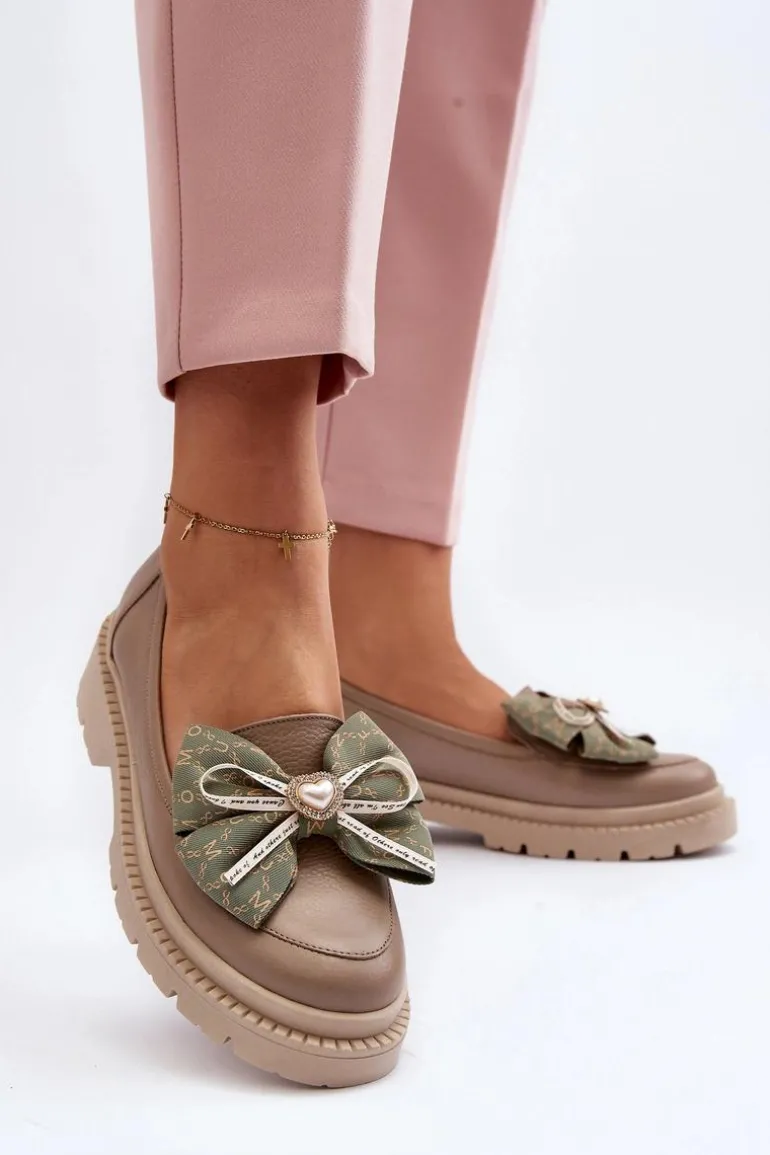 Damskie Skórzane Mokasyny Z Kokardą Laura Messi 2787 Beżowe