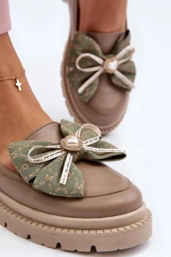 Damskie Skórzane Mokasyny Z Kokardą Laura Messi 2787 Beżowe