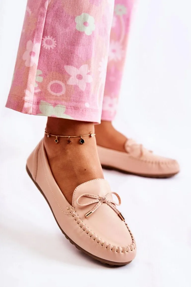 Damskie Skórzane Mokasyny Z Kokardą Nude Aurila