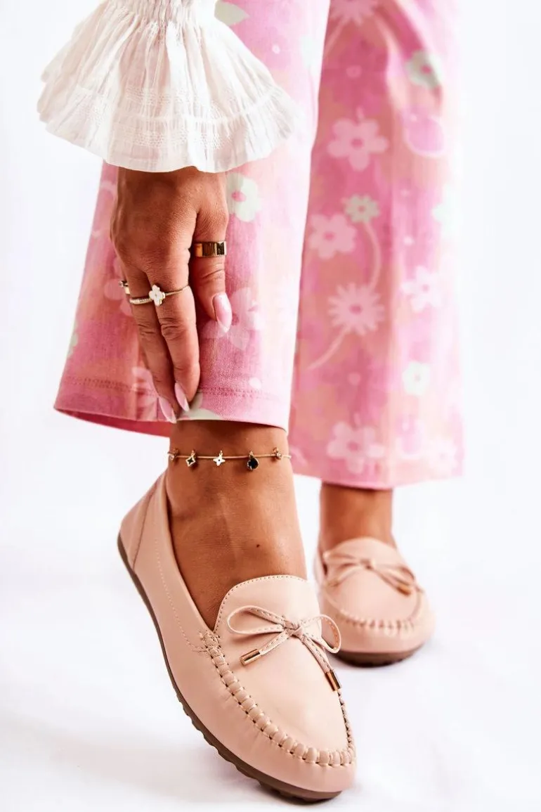 Damskie Skórzane Mokasyny Z Kokardą Nude Aurila