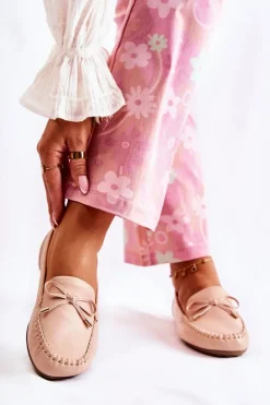 Damskie Skórzane Mokasyny Z Kokardą Nude Aurila