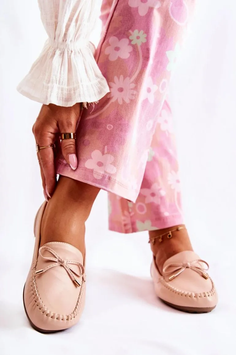 Damskie Skórzane Mokasyny Z Kokardą Nude Aurila