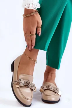 Damskie Skórzane Mokasyny Z Kokardą Beżowe Dayes