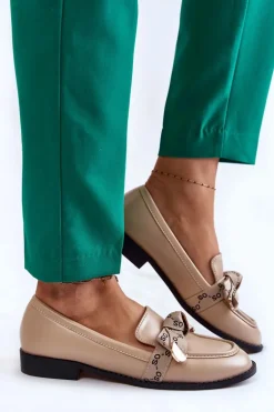 Damskie Skórzane Mokasyny Z Kokardą Beżowe Dayes