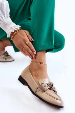 Damskie Skórzane Mokasyny Z Kokardą Beżowe Dayes