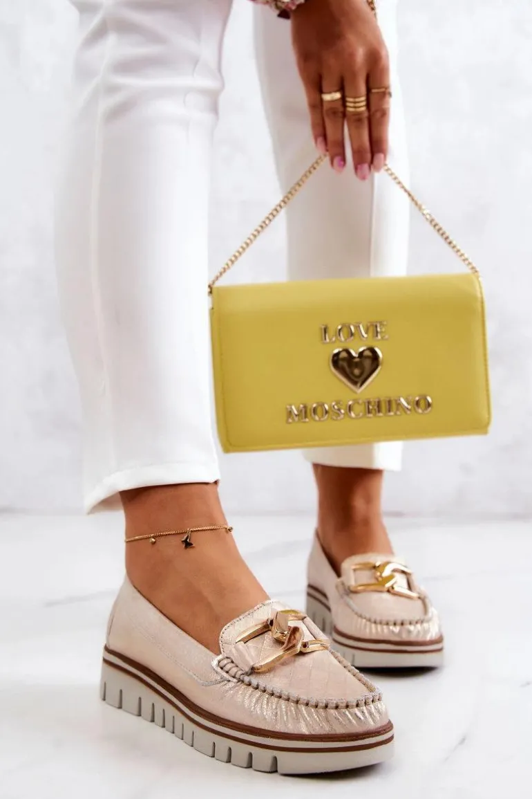 Damskie Skórzane Mokasyny Na Platformie Złote Venesia