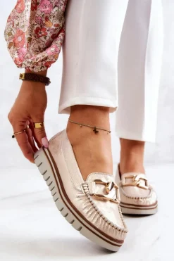 Damskie Skórzane Mokasyny Na Platformie Złote Venesia