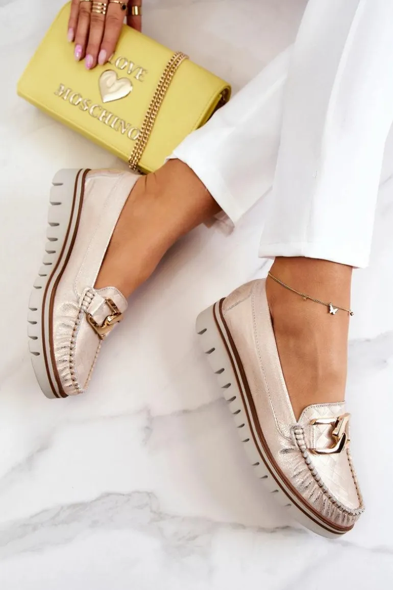 Damskie Skórzane Mokasyny Na Platformie Złote Venesia