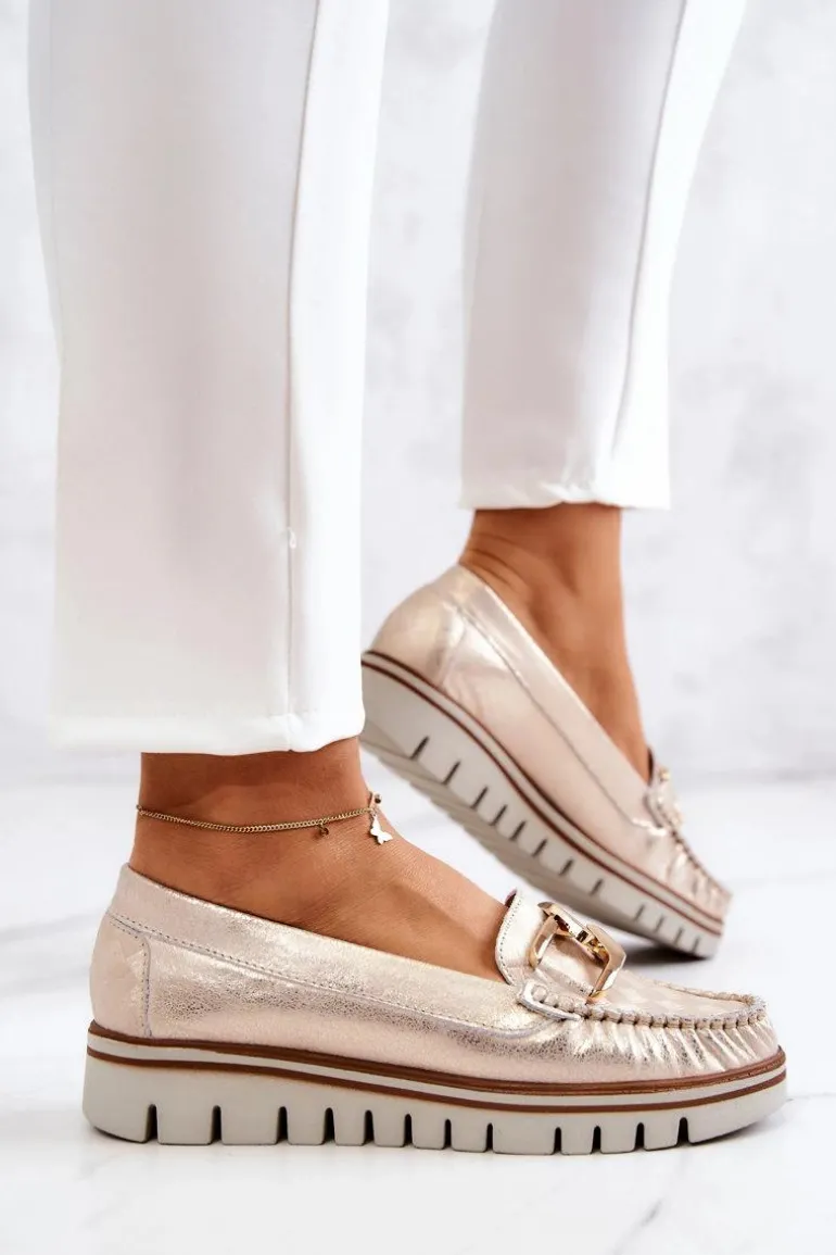 Damskie Skórzane Mokasyny Na Platformie Złote Venesia