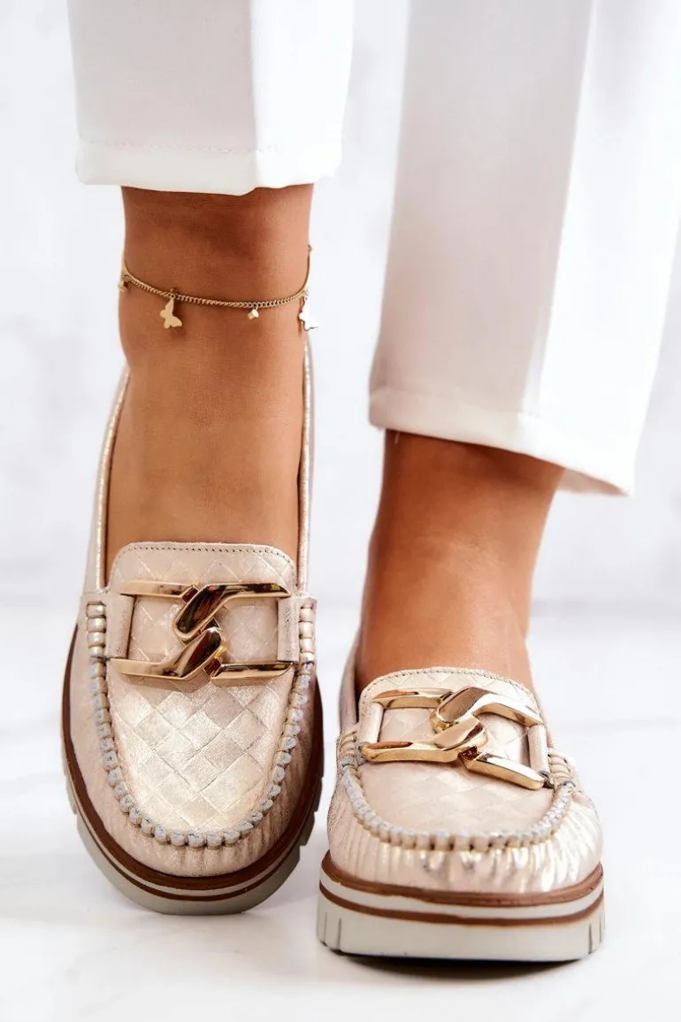 Damskie Skórzane Mokasyny Na Platformie Złote Venesia