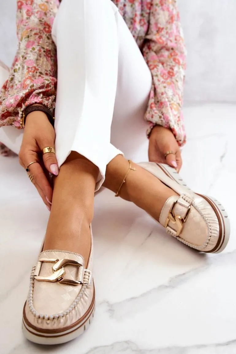 Damskie Skórzane Mokasyny Na Platformie Złote Venesia