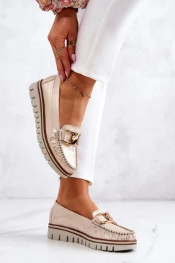 Damskie Skórzane Mokasyny Na Platformie Złote Venesia