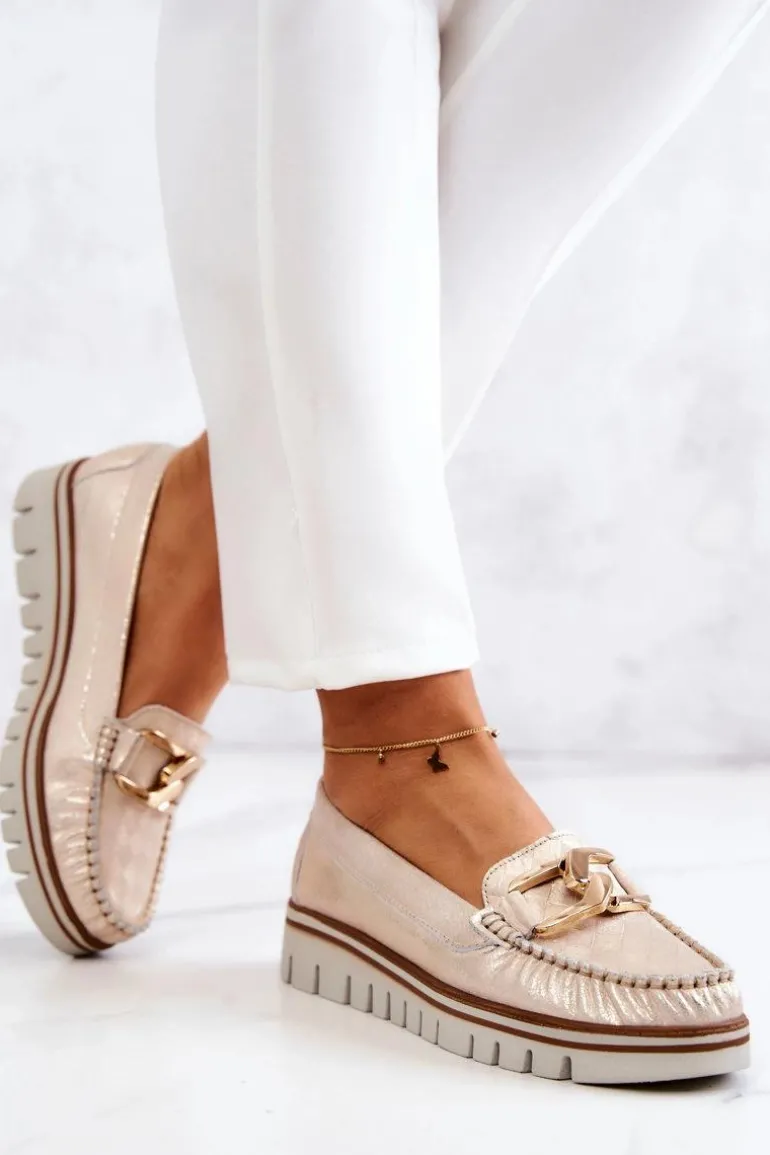 Damskie Skórzane Mokasyny Na Platformie Złote Venesia