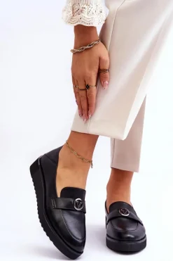 Damskie Skórzane Mokasyny Na Niskim Koturnie Czarne Synthia